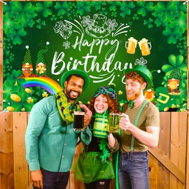 Ushinemi Ushinemi St Patricks Day Birthday Decorations, St. Patrick's Day Happy Birthday Backdrop Banner, Lucky Clover Shamrock Gnome Party Background 6 x 3.6 ft