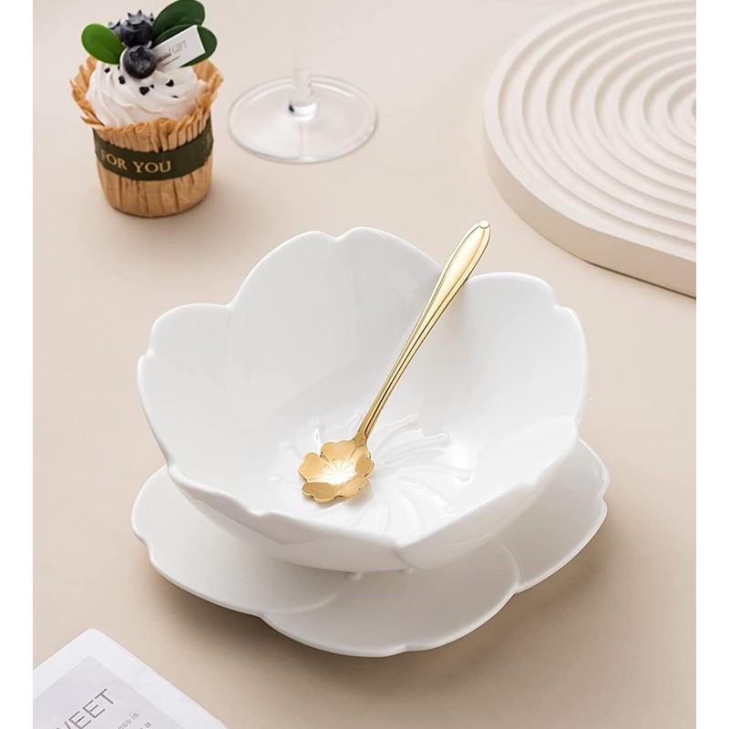 KKGUD Cute Ceramic 6-Inch Serving Bowl with Saucer and Spoon,