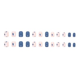 Press on Nails Medium, Artificial Acrylic Fake Nails with Blue White Love Heart Designs, 24Pcs Full Cover Reusable Coffin Square False Nails Set, Women Glue on Nails Stick on Nails for Nail Art