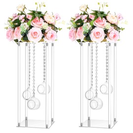 Yerliker 2 Sets 20'' Tall Acrylic Flower Vase Wedding Centerpieces Flowers Stand with Hanging Glass Tealight Globe Candle Holders, Crystal Garland Strands and Self Adhesive Hook (Clear)