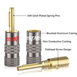 InnoStars Banana Plugs for Speaker Wire (4 Pairs, 8 Pcs), 24K Gold Plated Connectors, Spring Pin Plug Closed Dual Screw Type, Banana Pins (Support 12 AWG to 20 AWG Wires), Come with 1Pcs Screwdriver
