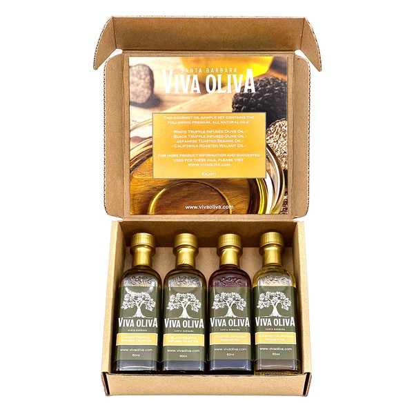 Viva Oliva Gourmet Oil Variety Gift Set - Four 60ml (2oz) bottles - White Truffle Oil, Black Truffle Oil, Toasted Japanese Sesame Oil, Roasted California Walnut Oil - Premium Quality - 100% Natural