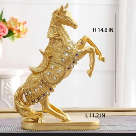 YANTIANCAI Standing Horse Statue, 14.6 Inch Gold Resin Figurine, Contemporary Tabletop Decor for Home Office, Standing Fighting Horse Sculpture Home Decoration (Extra Large)