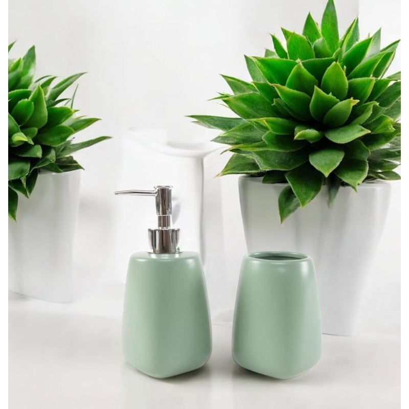 Water Green Ceramic Bathroom Set Soap Dispenser and Tumbler Minimalist