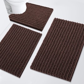 Arotive Chenille Bathroom Rugs Set 3 Piece, Extra Soft Absorbent Shaggy Bath Mat and U-Shaped Contour Toilet Rug, Non-Slip Machine Wash Dry Bath Mats Set for Bathroom, Shower, Sink and Tub, Brown