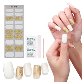 Semi Cured Gel Nail Strips - 20pcs Gel Nail Stickers Works with Any Nail Lamps, Salon-Quality, Long Lasting, Gel Nail Wraps, Includes Prep Pads, Nail File & Wooden Stick (White&Gold)