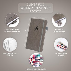 Clever Fox Pocket Planner Weekly – Undated Monthly Goal Planner and Calendar, Mini Planner Perfect for Purse, 3.7x6.7" (Gray)