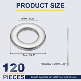 sourcing map M6 Flat Washer for Screw, 120Pcs Metal Washers 6MM ID x 12MM OD x 1.5MM Thick