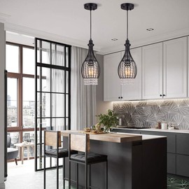 TFCFL Crystal Pendant Light, Modern Concise Industrial Mixing Metal Adjustable Ceiling Hanging Light Fixtures for Kitchen Dining Room Bedroom Hallway Bar 2 Pack (Black)