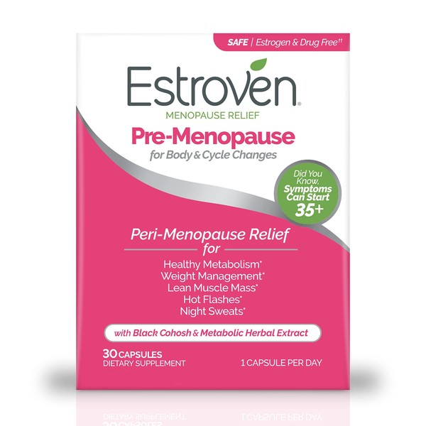 Estroven Pre-Menopause Relief, 30 Ct., Clinically Proven Ingredients, Provides Menopause Relief plus Night Sweats & Hot Flash Relief, Drug-Free or Estrogen Free