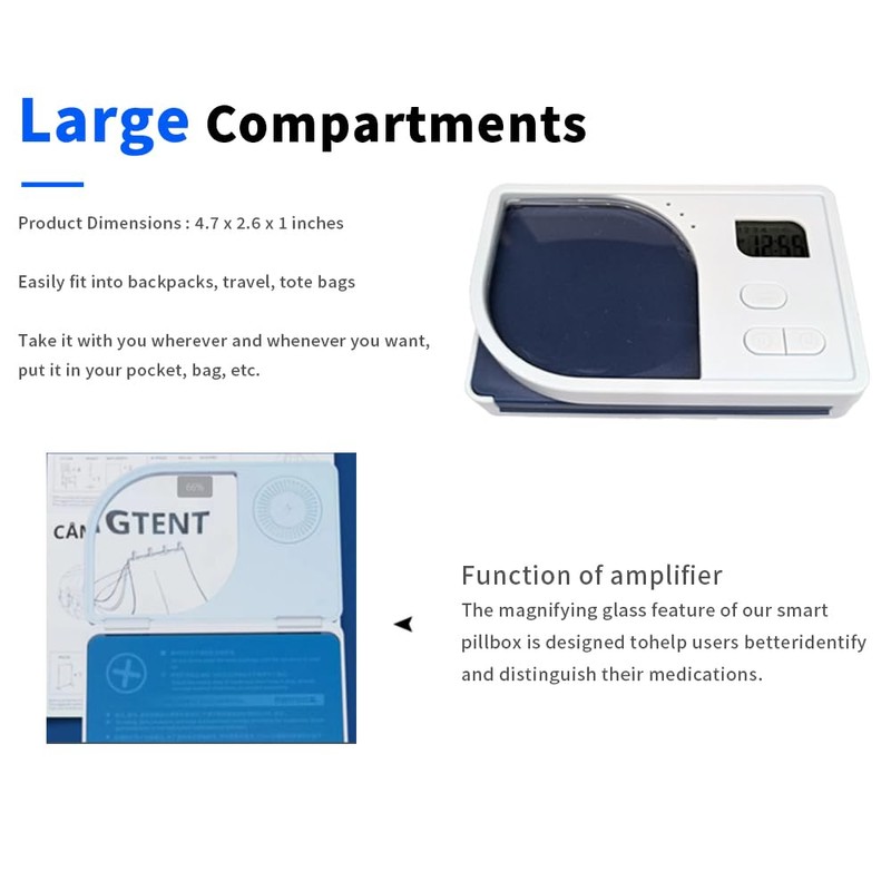 Pill Reminder，Pill Dispenser with Alarm，Equipped with Magnifying Glass，4 Reminder Alarms,