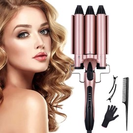 Rizador de Pelo,25mm Rizador De Cabello Ondas Cerámica 3 Barriles,Rizador para Cabello,Ondas Cerámica con Temperatura Ajustable, Calienta Rápidamente para Mujer en Casa y Viaje, Cabello Largo o Corto Herramientas de Peinado,Champán Rosa