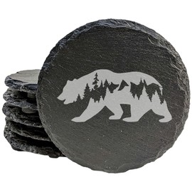 Bear Hug Coasters: Slate Drink Coasters with Laser-Etched Bear, Tree, and Mountain Design - Rustic Home Decor - set of 5