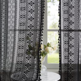 Ronaldecor Black Boho Linen Textured Tassel Sheer Lace Curtains, Chic Crochet Geometry Knitting Rod Pocket Window Drapes for Living Room Bedroom, 2 Panels, 90" L x 40" W