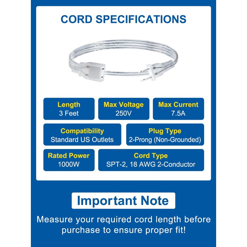 Short Clear Extension Cord 3FT, 1 Pack Single Skinny Extension