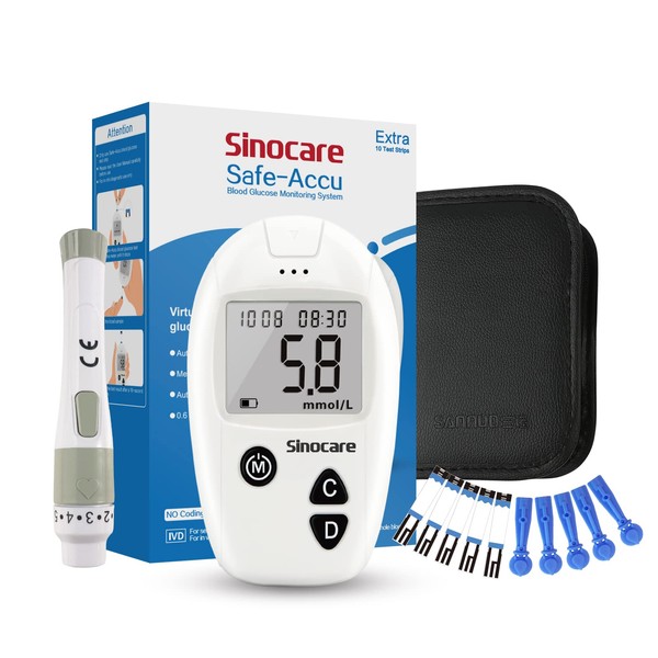 sinocare Diabetes Testing Kit/Blood Glucose Monitor Safe Accu/Blood Glucose Sugar Test Kit with Separated Test Strips Free x 10 & Case for UK Diabetics -in mmol/L