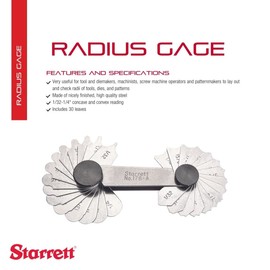 Starrett Fillet or Radius Gage for Convex and Concave Radii - Ideal for Constructions - Stainless Steel, 30 Leaves, 1/32-1/4" Radius Gage, Inch Reading - 178A
