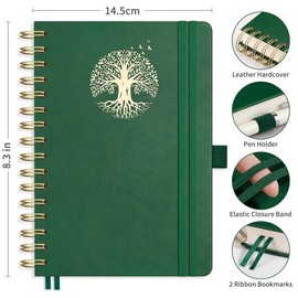 RETTACY Notebook A5 Bullet Dot Journals-Hardback Leather Grid Dotted Journal,Spiral Sketchbook 300 Pages Notepad for Work School,100gsm Thick Paper,Bookmark, Stencils, Inner Pocket - DarkGreen