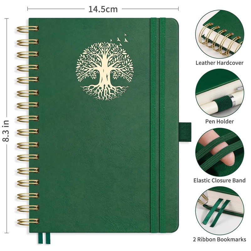 RETTACY Notebook A5 Bullet Dot Journals-Hardback Leather Grid Dotted Journal,Spiral