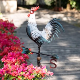 TERESA'S COLLECTIONS Garden Ornaments Outdoor, 86cm Metal Rooster Garden Statue, Weather Vane with Solar Light, Waterproof Garden Sculpture Decoration for lawn,Yard & Eave, Gifts for Women, White