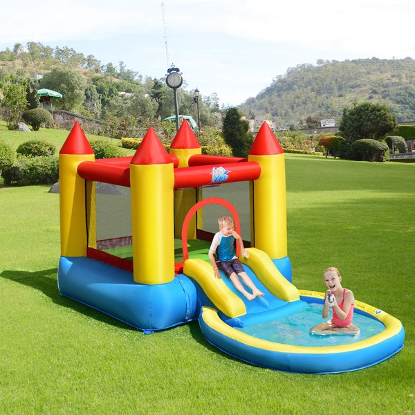 DORTALA Inflatable Bounce House, Kids Jumping Castle with Water Slide, Jumping Area, Splash Pool, Bouncy Castle with Carrying Bag, for Children Aged 3-5 Years Old, Outdoor Backyard (Without Blower)