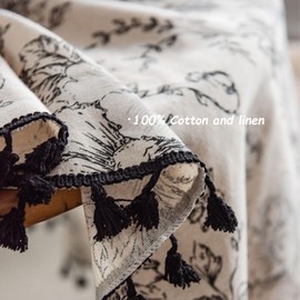 Round Tablecloth Blue/Black - Round Table Cloth, Blue or Black Floral Pastoral Table Cloth Cotton Linen Vintage, 150cm Round Tablecloth, Indoor Outdoor Table Cloth Round for Party,Picnic,Dining,Garden