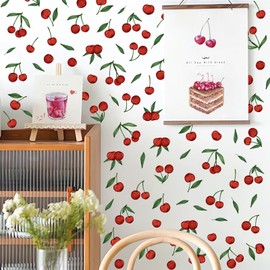 THEYGE Red Cherry Wall Decals Cherries Fruit Wall Stickers Peel and Stick Kitchen Wall Stickers Removable Boho Green Leaves Wall Decals Watercolor Fruit Leaf Stickers for Nursery Bedroom Decor