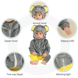 COOKY.D Unisex Baby Hooded Rompers Kids Flannel Bodysuits Outfits Long Sleeve Jumpsuit Newborn Pajamas,Elephant,18-24 Months
