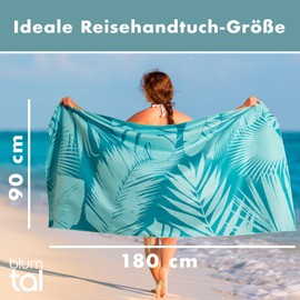 Blumtal Strandhandtuch 90x180cm aus Mikrofaser - kompaktes und schnelltrocknendes Handtuch/Strandtuch XXL - Stranddecke sandfrei mit Band - Badetücher schnelltrocknend mit türkisem Palmen-Motiv