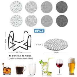 SYNMORE 8PCS Portavasos de Bebida de Cuerda de Algodón Trenzada de Antideslizantes con Soporte,Posavasos Resistente al Calor para Tazas, Cocina, Restaurante y Cafetería (8)
