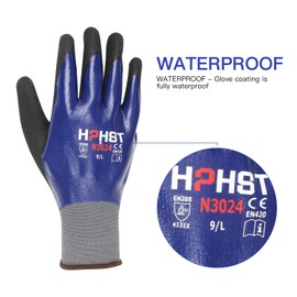 [HPHST] Waterproof Work Safety Construction Gloves, Heavy Oil Resistant Gardening Gloves, Nitrile Coating, Unisex Blue 3 Pairs (Standard, Medium)