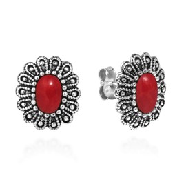 AeraVida Floral Inspired Oval Reconstructed Red Coral Inlays on .925 Sterling Silver Flower Post Stud Earrings for Spring and Summer Inspired Fashion Accessories for Women