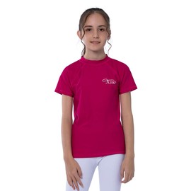 TIZAX Girls Short Sleeve Swimming Shirts Kids Sun Protection Rash Vest Children Rash Guard Quick Drying Rose Red 9-10 Years
