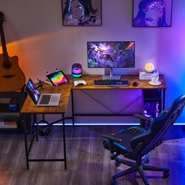 Mericonia L Shaped Desk,66 Inch,Corner Desk for Home Office,Computer Gaming Table,Sturdy Writing Workstation for Small Space, Easy to Assemble, Rustic Brown