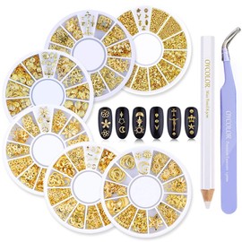 DANNEASY 6 Wheels 3D Gold Nail Studs Metal Nail Charms Nail Art Rivets Manicure Decoration Kit Star Moon Shell Cross Flower With 1Pc Curved Tweezers And Wax Pen