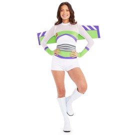 Tipsy Elves 90s White Green and Purple Space Ranger Long Sleeve Bodysuit Costume for Women with Wings Size: Medium