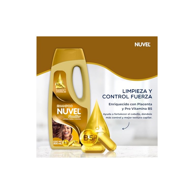 Nuvel Shampoo Capilar Fuerza y Control con Placenta, Ácido Hialurónico
