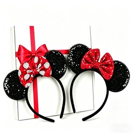 [Pack of 2] Mouse Ears Headbands, Black Mouse Ears with Red Bow and White Dots for Cosplay Costumes, Fancy Dress Accessories, Parties, Festivals etc