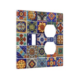 Kitchen Mexican Morocco Boho Tiles 2-Gang 1-Toggle 1-Duplex Device Combination Wallplate Talavera Goth Mystic Ceramics Tile One Toggle Switch and One Duplex Receptacle Outlet Combo Light Switch Cover