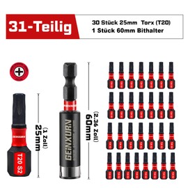 GEINXURN 30 Pieces T20 Impact-Resistant Screwdriver Bit Set 25 mm Length #20 Torx 1/4 Inch Hex Shank Drive Bits with 1 Piece 60 mm Magnetic Bit Holder, S2 Alloy Steel T20 Screwdriver Bits Set