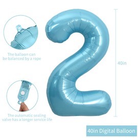 TONIFUL 40 Inch Light Blue Large Numbers 0-9, Number 2 Digital Helium Balloon, Blue Foil Mylar Big Number Pastel for Birthday Party Anniversary Supplies Decorations