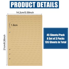 3 Packs A5 Refill Paper Lined, 135 Sheets 6 Holes Refill Inserts, Brown A5 Refill Paper Lined Paper, A5 Paper Refillable Refill, A5 Refill Paper for Notebook Diary Sketch