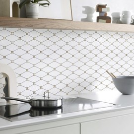 STICKGOO 10 Sheets Peel and Stick Backsplash, Pure White Marble Look PVC Mixed Metal Gold Kitchen Backsplash, Stick on Backsplash Wall Tiles for Kitchen, Bathroom, RV