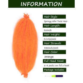 3 Packs Springy Afro Twist Hair with Crochet Hook, 16 Inch Pre-Separated Marley Crochet Braiding Hair for Distressed Soft Locs, Synthetic Hair Extension for Women(orange)