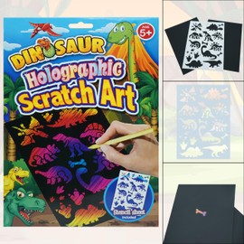4Pcs Holographic Creative Scratch Art Set for Kids 5+ Years, 21cm Black Scratch Sheets with Wood Pencil and Stencil Sheet, Dinosaurs Arts and Craft Supplies for Birthday Gift