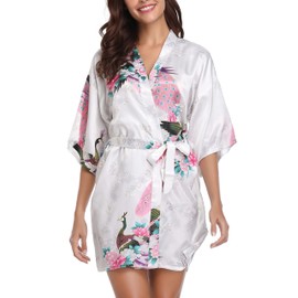 Vlazom Women's Kimono Robes Satin Dressing Gown Peacock Blossoms Sleep Lounge Short Silk Wedding Robe for Bride Bridesmaid, White, 16-18