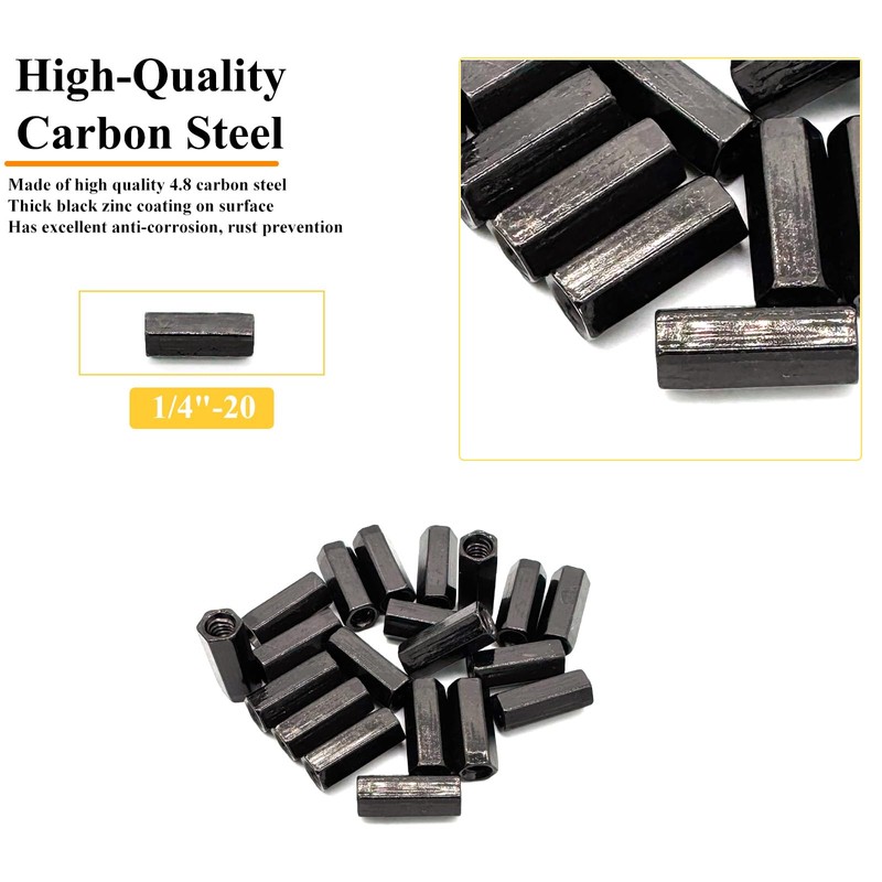 Matrelt 20Pcs Black 1/4"-20 Hex Coupling Nut, Threaded Rods Nuts