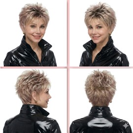 Short Pixie Wig for White Women – Curly Deep Brown Melt Blonde Synthetic Wig with Bangs, Glueless Lightweight Wig, Heat‑Resistant Hair for Older Women Daily Wear