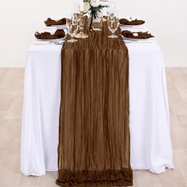 DeZerlor Brown Cheesecloth Table Runner 35" x 120" Boho Gauze Table Runner 10ft Wrinkled Sheer Table Runner for Wedding Thanksgiving Christmas Bridal Baby Shower Winter Decor