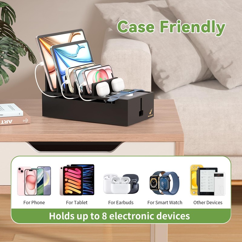 Charging Station Box for Smartphones and Tablets, Bamboo Cable Cord